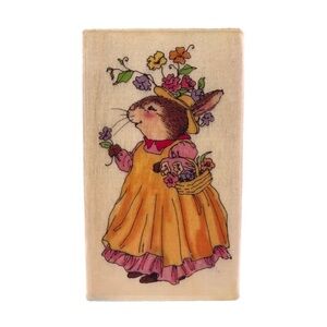 HOLLY POND HILL Susan Wheeler Wood Rubber Rabbit Stamp Elizabeth With Flowers
